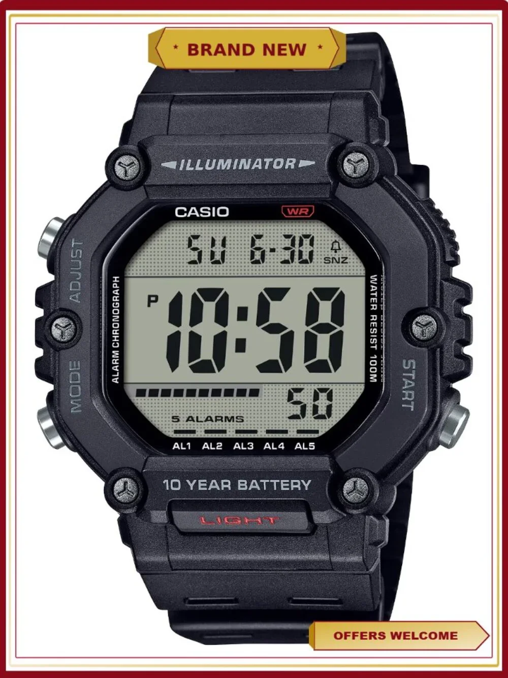 Mens Digital Wristwatch Large LCD 10-Yr Battery 100M Water Resistant Stopwatch